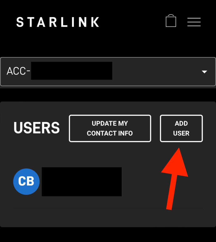 Add user button on the Starlink account dashboard